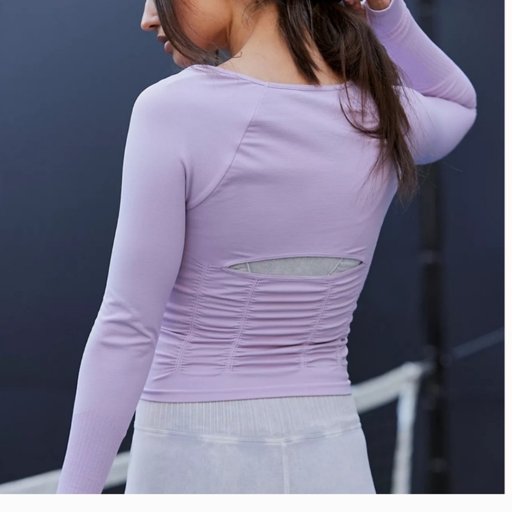 Free People! Movement Good Karma Ruched Longsleeve Crop Top in Elderberry Blush